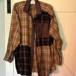 NWOT - NATURAL LIFE Women's Patchwork Plaid Button Down Shirt - Brown and Black